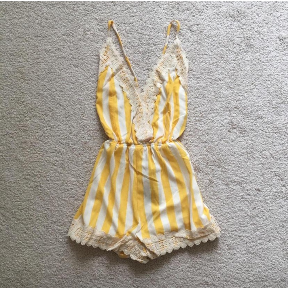 Spool72 yellow striped lace trim romper